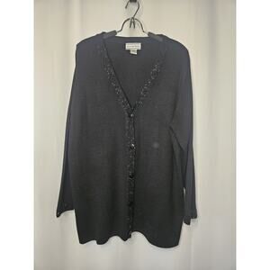 August Max Woman Plus Size 1X Black Cardigan Button Closure Bead Trim Sweater